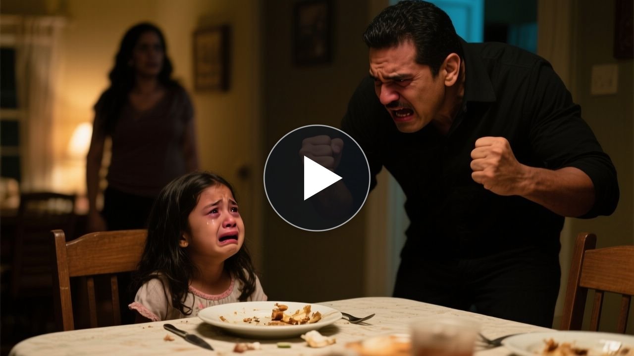 Padre sorprendido frente a la mesa donde su hija pequeña come restos mientras su hermano tiene un plato lleno de carne